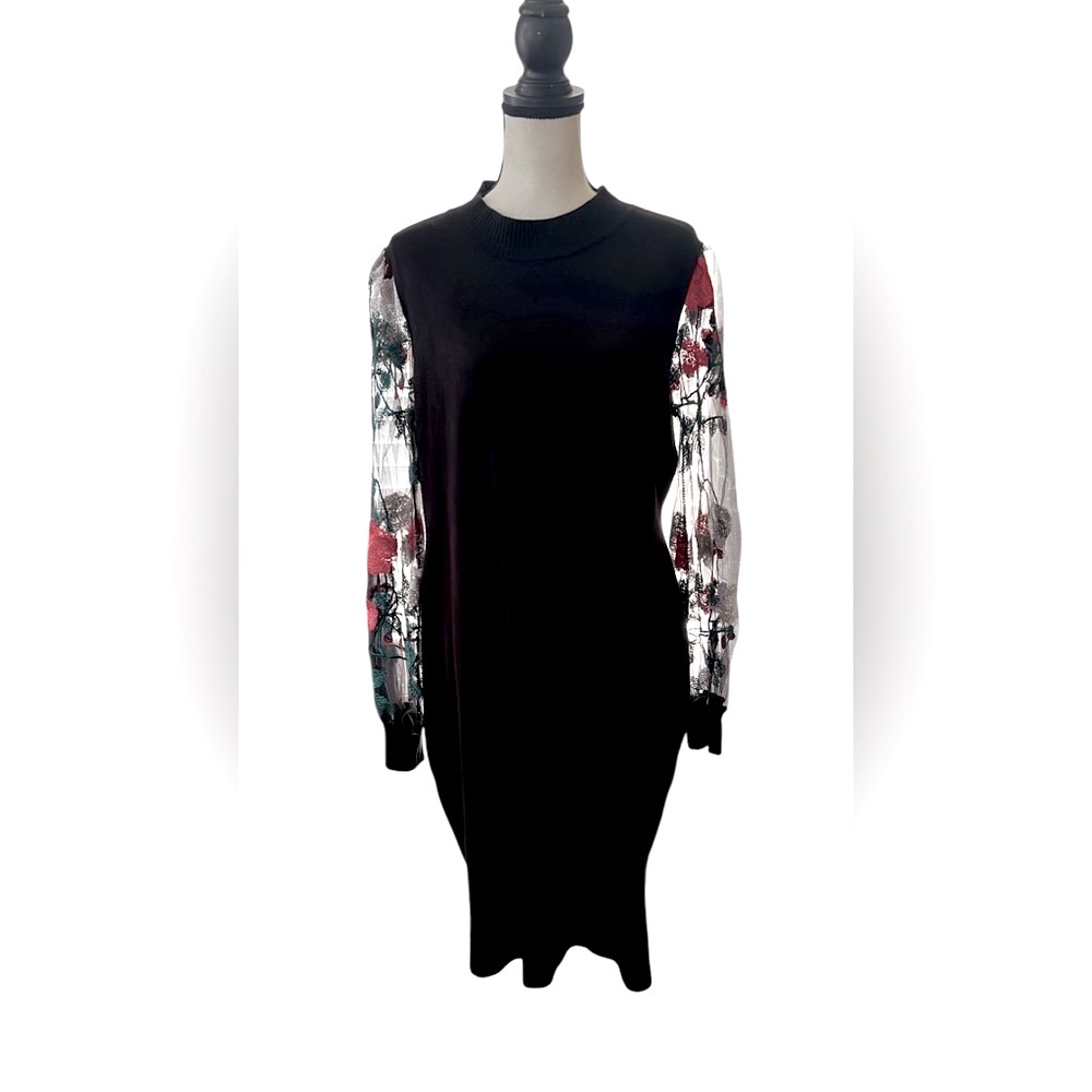 Elegant Black Dress with Floral Sleeves